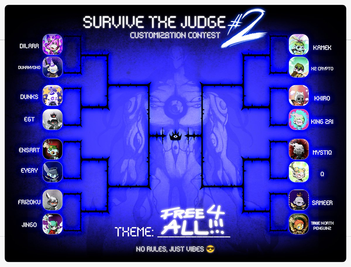 The contestant line-up for the first round has been decided!

Congratulations if you made it, and thank you to everyone for participating, you will all receive the Blue Judgemental Eyes background trait. 

It's time to cast your votes for each match-up down below 👇🏼🩸👁️