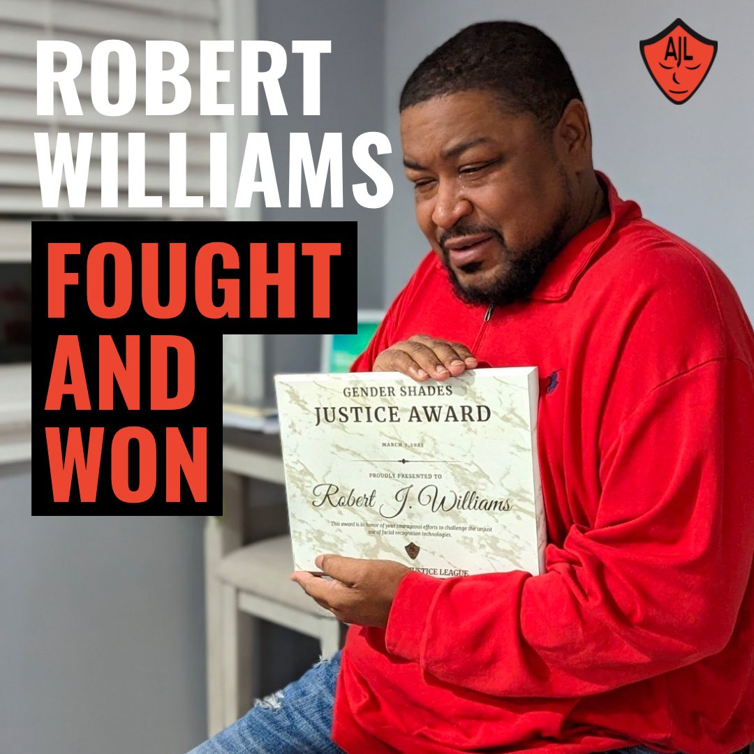 AJLUnited's tweet image. Congratulations to Robert Williams, the winner of AJL’s first Gender Shades Justice Award, for finally reaching a settlement agreement in his lawsuit with the @ACLUofMichigan against the @detroitpolice Department.

Williams was arrested for shoplifting based on faulty facial…