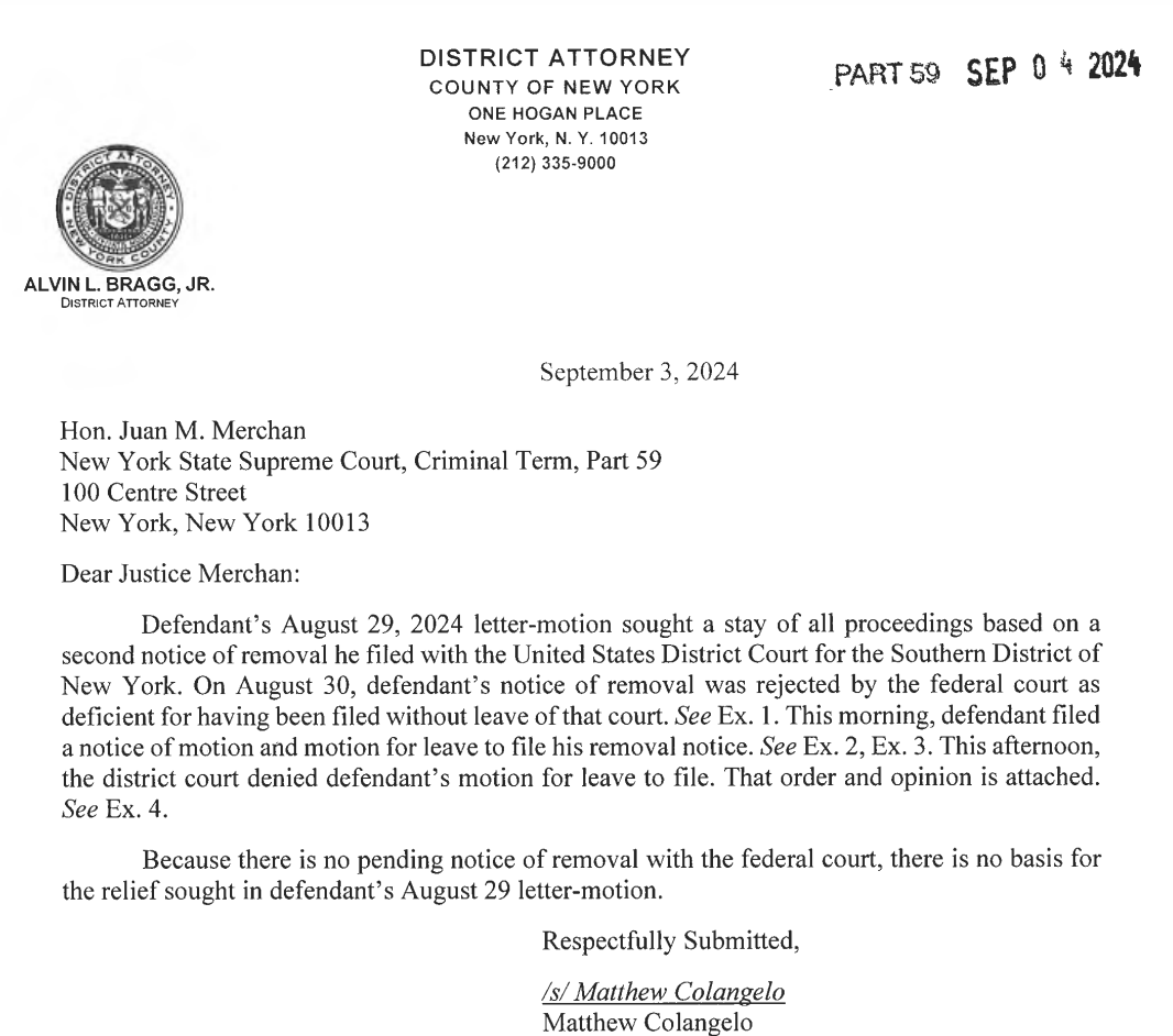 News:

Manhattan DA Bragg's team informs Justice Merchan that Trump's renewed bid to transfer his case to federal court has been rejected — and says there's no need to delay his sentencing on that particular basis.