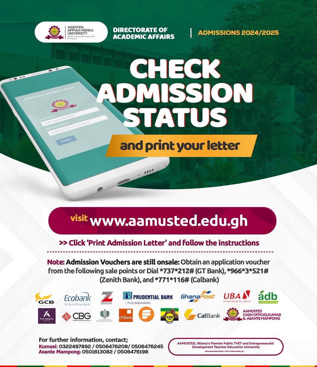 hawking_glow's tweet photo. 📢AAMUSTED Admissions 2024/2025
———————————————

Check your admission status and print your letter now!

#AAMUSTEDAdmissions
#StudyAtAAMUSTED
#AAMUSTEDmyUni https://t.co/GXJmEQDIP8