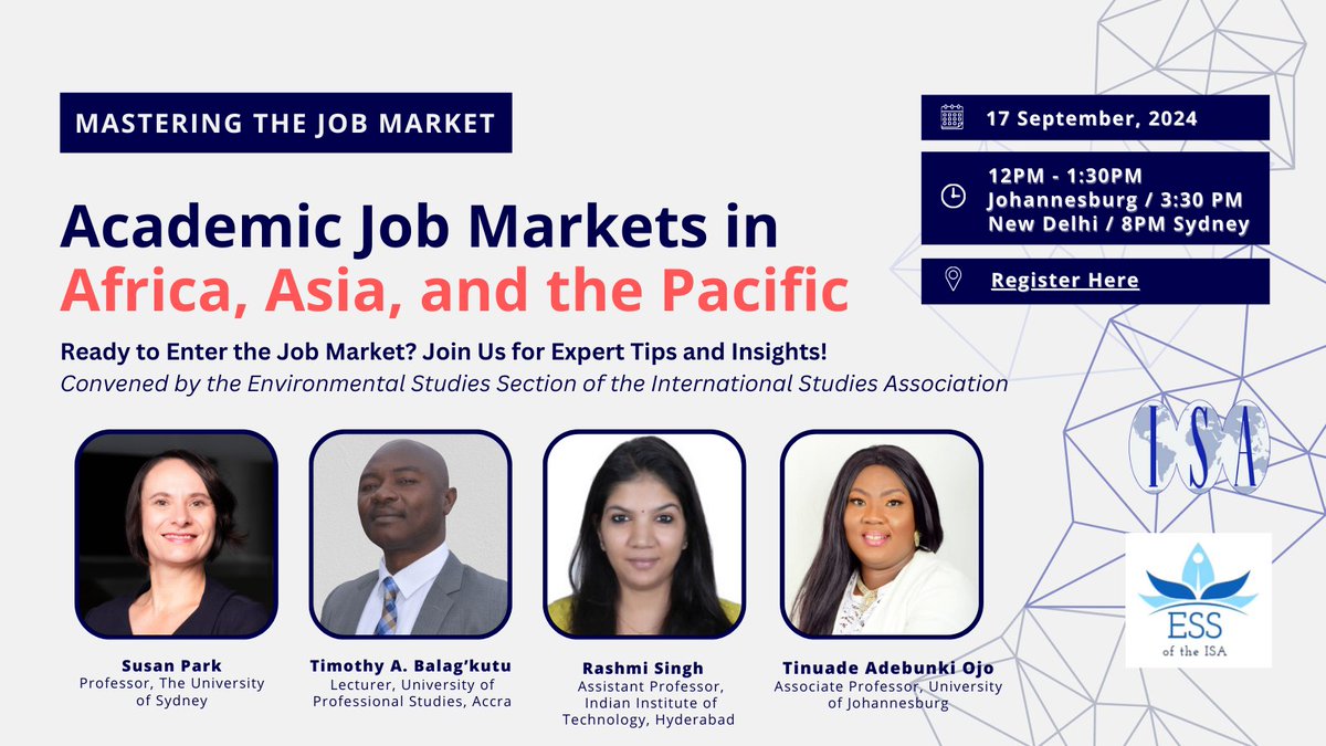 ESS_of_ISA's tweet image. Are you ready to enter the academic #jobmarket? Does your research focus on #environment, #climate, or #energy issues?
We invite you to participate in two webinars as part of a new series on “Mastering the Academic Job Market”.