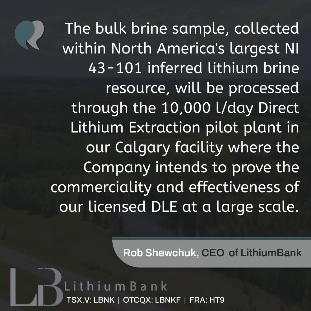 [NEWS] LithiumBank Completes Bulk Brine Sampling Program at Park Place Lithium Brine Project, Alberta, Canada

Visit our website for the full release: bit.ly/4e5f9dr

TSX.V: $LBNK  |  OTCQX: $LBNKF   

#Lithium #Li #LithiumStocks #CleanEnergy #Alberta #Development