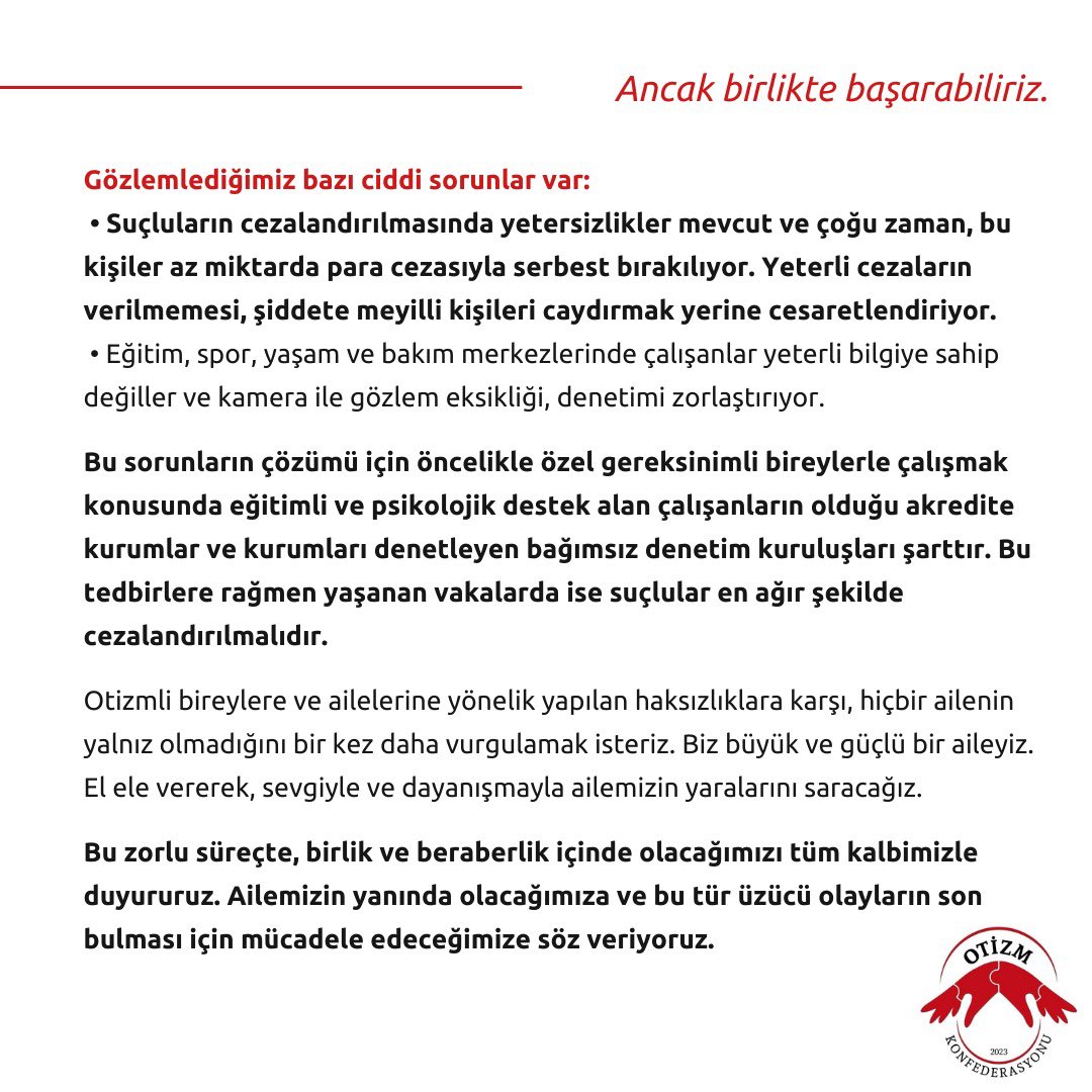BASIN BÜLTENİ
Çeşitli sosyal medya organlarında yer alan ve otizmli bir evladımızın acımasızca,hatta utanmazca darp edildiği görüntüleri izledik ve kahrolduk.
Otizm Konfederasyonu Olarak Ailemizin Yanındayız.
#ancakbirliktebaşarabiliriz
<a href="/OtizmAnofed/">Anofed(Anadolu Otizm Federasyonu)</a> <a href="/ODFED/">ODFED-OtizmDerFed</a> <a href="/o_federasyonu/">Otizm Federasyonu</a> <a href="/OtizmF/">Otizm Federayonu</a>