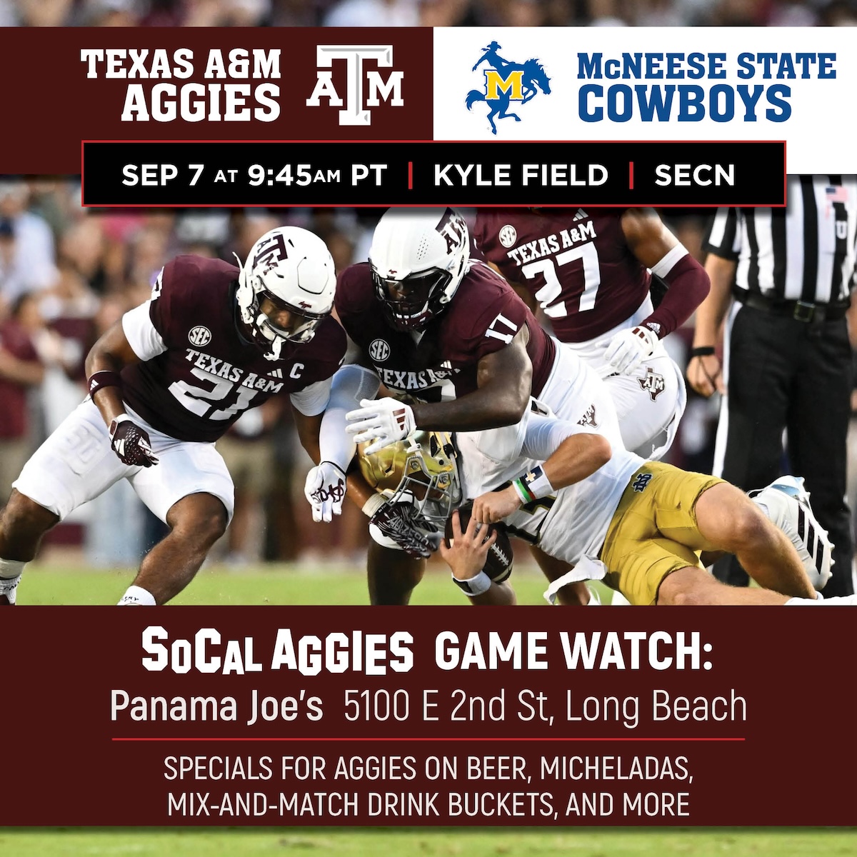 SoCalAggies's tweet photo. Join SoCal Aggies for one of the best brunches in LA on Saturday and watch the Aggies take on McNeese State at home. https://t.co/Z22k7Jkzrb