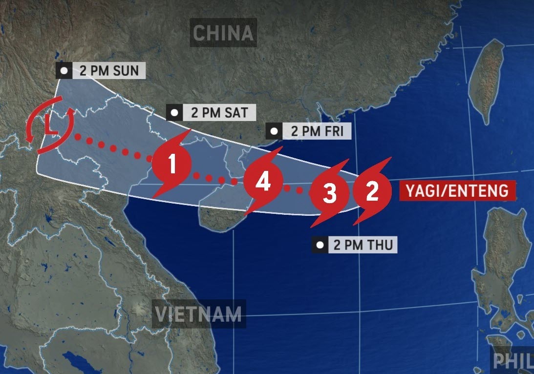 WeatherMatrix's tweet photo. We have Typhoon #Yagi/#Enteng as a "4" on the R.I. scale and that's second-to-worst (SS equiv. category shown on map). Going to be extreme damage in China. https://t.co/oVr857HV2H https://t.co/QWupF0LR8E