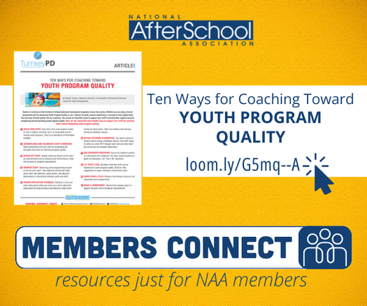 NatlAfterSchool's tweet photo. As a leader, you can be an important coach to support your staff in growing their capacity towards recognizing and incorporating youth program quality. Check out our member-exclusive guide Ten Ways for Coaching Toward Youth Program Quality today! https://t.co/Xa6GNaegDY https://t.co/ogNuejgtL8