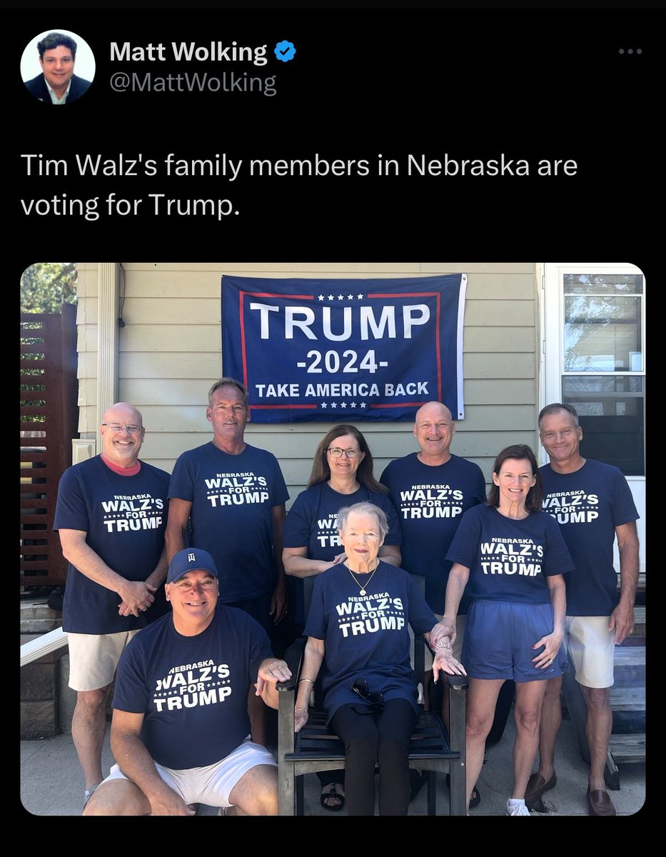 Guess the “Walz’s for trump” decided to take a break from wearing their “Blacks for trump” t-shirts. FUN FACT: The first and middle initials of every “Walz family member” in this photo are “A” and “I.” And it should be “Walzes.” MAGAs really suck at this. They suck at everything.