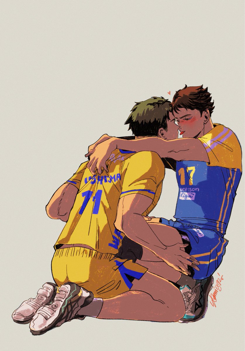 Day 8 #ushioiweek
Free day • Intimidation • Familiarity 
“Fancy seeing you here.”

The new, blazing setter for La Boca tries to ✨intimidate ✨ Orzeł’s opposite hitter during warmups. 

#ushioi | haikyuu