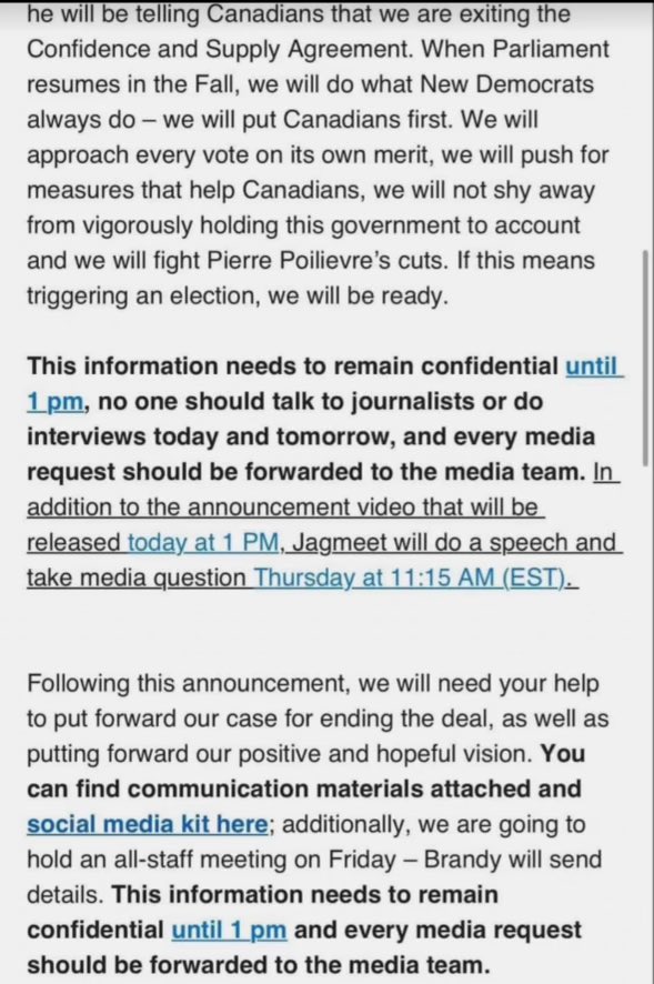 brianlilley's tweet photo. It’s official, @theJagmeetSingh is leaving his coalition deal with @JustinTrudeau and calling the next election a fight between Singh and @PierrePoilievre   
Oh, and this letter to the NDP caucus said please don’t share with the media. #cdnpoli https://t.co/U9WbVCTMqN