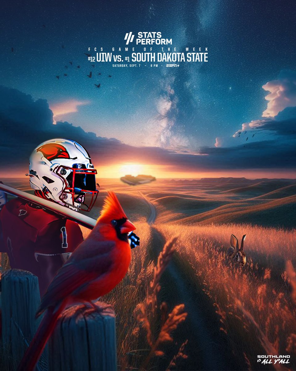 SouthlandSports's tweet image. TO THE GREAT PLAINS 🌾

This week's FCS Game of the Week is a huge one as it features #12 UIW taking on #1 South Dakota State.

Kickoff slated for Saturday at 6 PM on ESPN+

#GTL