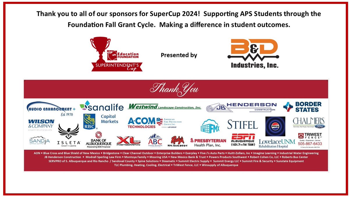 A heartfelt thank you and much gratitude to our Sponsors, Volunteers, Participants, and <a href="/SandiaGolf/">Sandia Golf Club</a>   for another great year.   Supporting our @ABQSchools students, our future.  Thank you to <a href="/BDindustriesinc/">B&D Industries</a> for your continued support, over 16 years as our presenting sponsor.