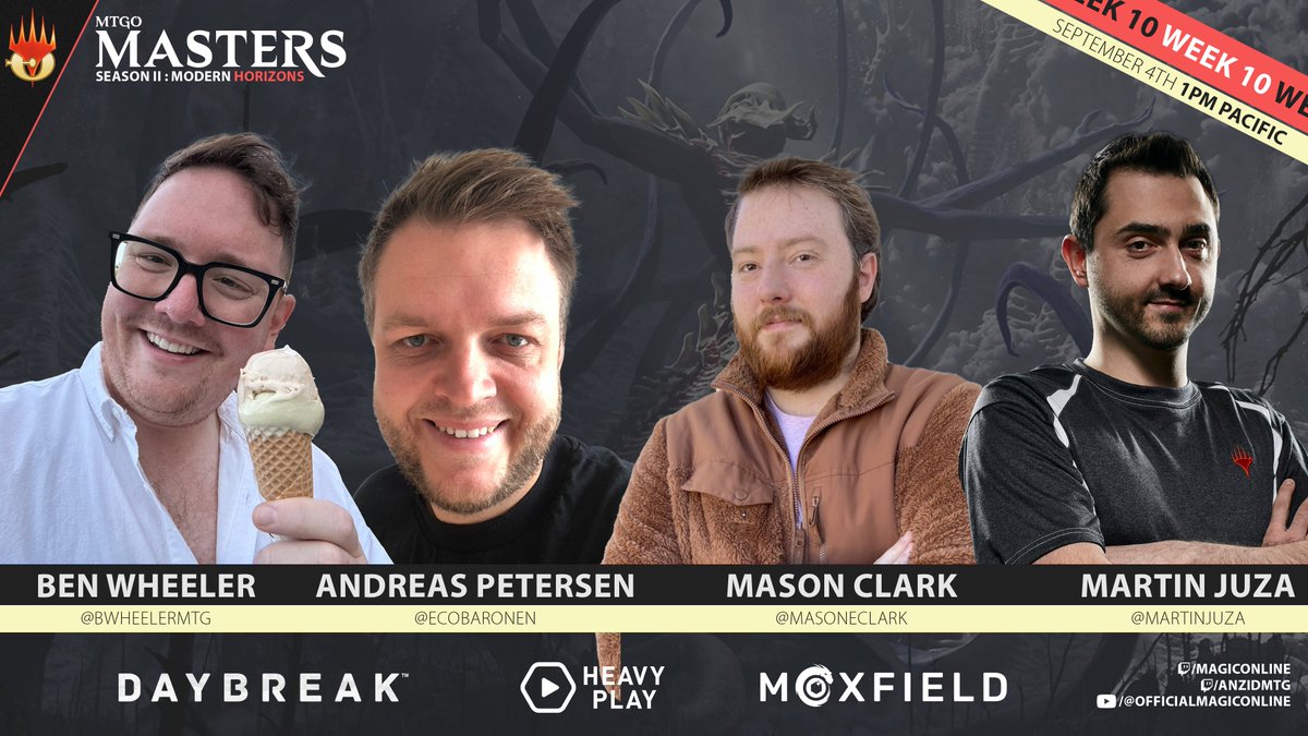 MagicOnline's tweet image. Final round of LCQs TODAY! Last week before Top 8 #MTGOMasters
Live:
🔹twitch.tv/magiconline 
🔹twitch.tv/anzidmtg

🔸Hosts 
🔹@TheWillHallExp
🔹@anzidmtg

🔸Pod 10
🔹@BWheelerMTG 
🔹@ecobaronen 
🔹@masoneclark 
🔹@MartinJuza

Sponsors: @HeavyPlayLLC, @moxfieldmtg