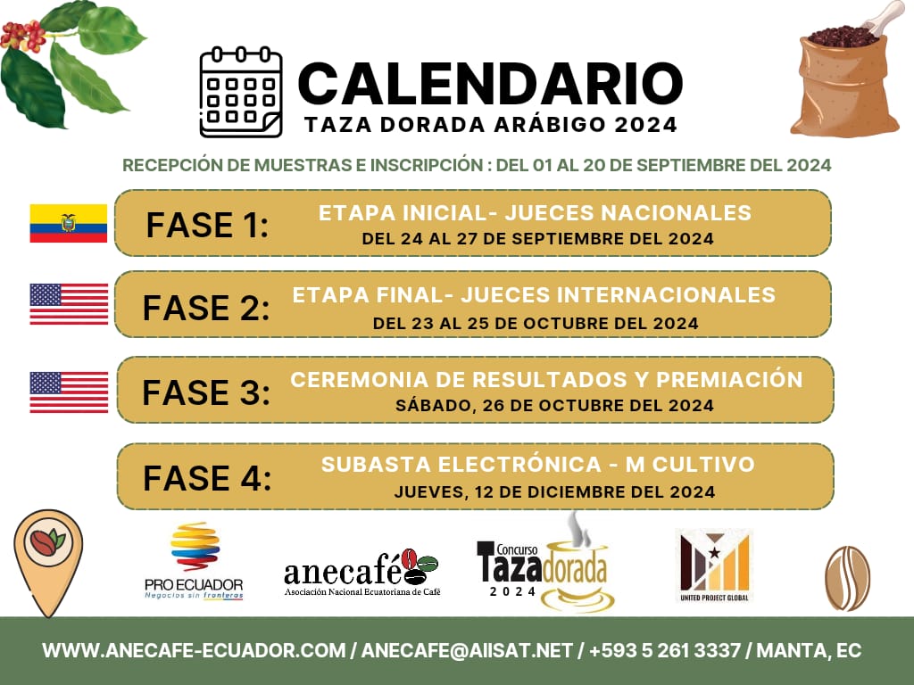Estimados productores, compartimos el calendario del Concurso/Subasta del mejor café arábigo ecuatoriano #tazadorada2024🏆☕️ #anecafe y #tazadorada la identidad del café ecuatoriano con 18 años de historia #coffeeauction #mcultivoauctions #coffeeroasters #mcultivo #upg