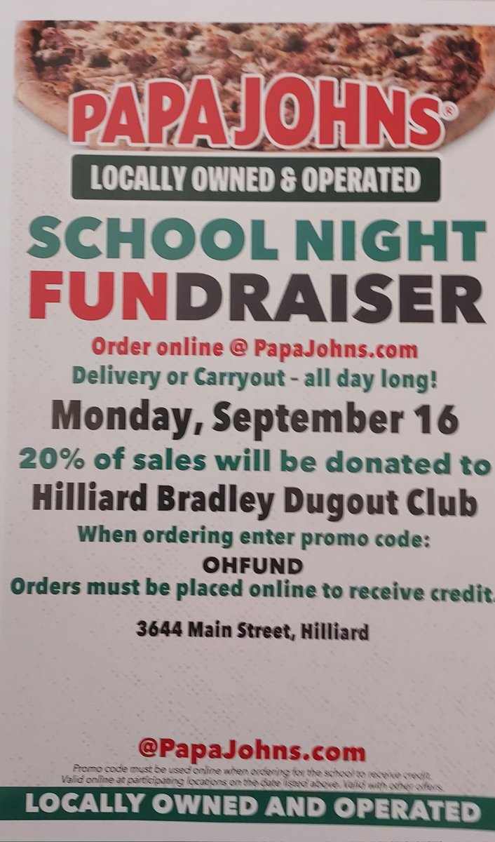 Please support <a href="/HBJagsBaseball/">Hilliard Bradley Jaguar Baseball</a> and <a href="/BradleyDugout/">Hilliard Bradley Dugout Club</a> on Monday, September 16th. ⚾️🍕
 PROMO CODE  OHFUND
Online orders only at Hilliard 3644 Main St location. 

GO JAGS!!!