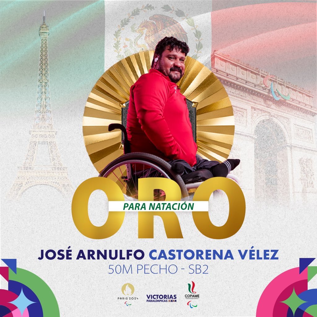 🇲🇽¡Arnulfo es de ORO!🥇

🌊El destacado Atleta Paralímpico mexicano, Arnulfo Castorena Vélez escribe su nombre con letras doradas en los Juegos Paralímpicos París 2024, tras consagrarse en los 50m estilo pecho, clasificación SB2 con un tiempo de 59.41.🕣
