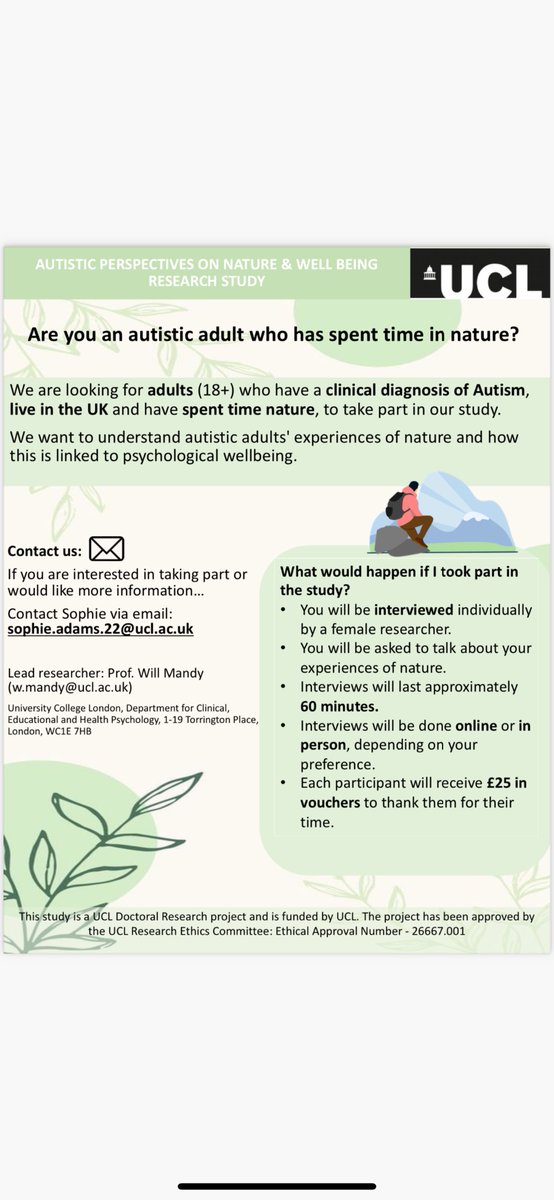 If you’re an autistic adult who has spent time in nature, consider taking part in Sophie’s interview study! Details attached.