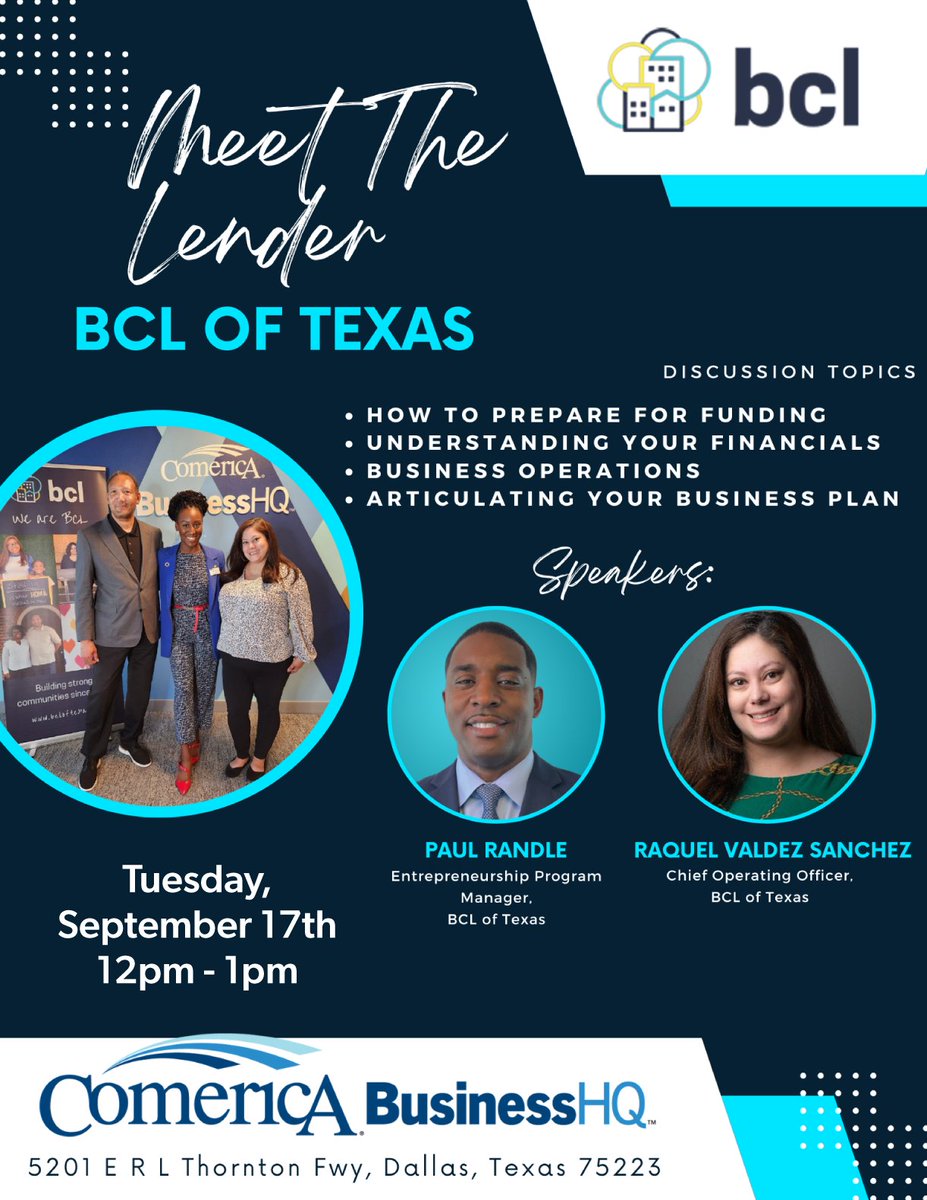 📢 Calling all business owners! Join us for a FREE financial workshop on Tuesday, September 17th from 12:00-1:00 PM at Comerica BusinessHQ in Dallas, TX.
This workshop will cover everything you need to know to secure funding for your business. Register: bit.ly/4ee8m0F