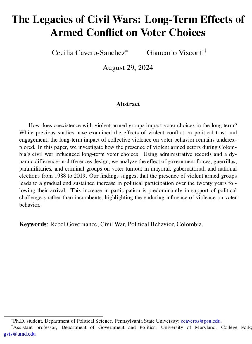 Cecilia (@ceciliacaveros) on Twitter photo Very excited for #APSA2024! I’ll be presenting a paper coauthored with <a href="/gvisconti/">Giancarlo Visconti</a> on the long-term impact of armed conflict on voter turnout in Colombia.
Check out our work in the panel Political Violence in Latin America (Friday at 2pm, 📍Marriott, Salon K). Very excited for #APSA2024! I’ll be presenting a paper coauthored with <a href="/gvisconti/">Giancarlo Visconti</a> on the long-term impact of armed conflict on voter turnout in Colombia.
Check out our work in the panel Political Violence in Latin America (Friday at 2pm, 📍Marriott, Salon K).