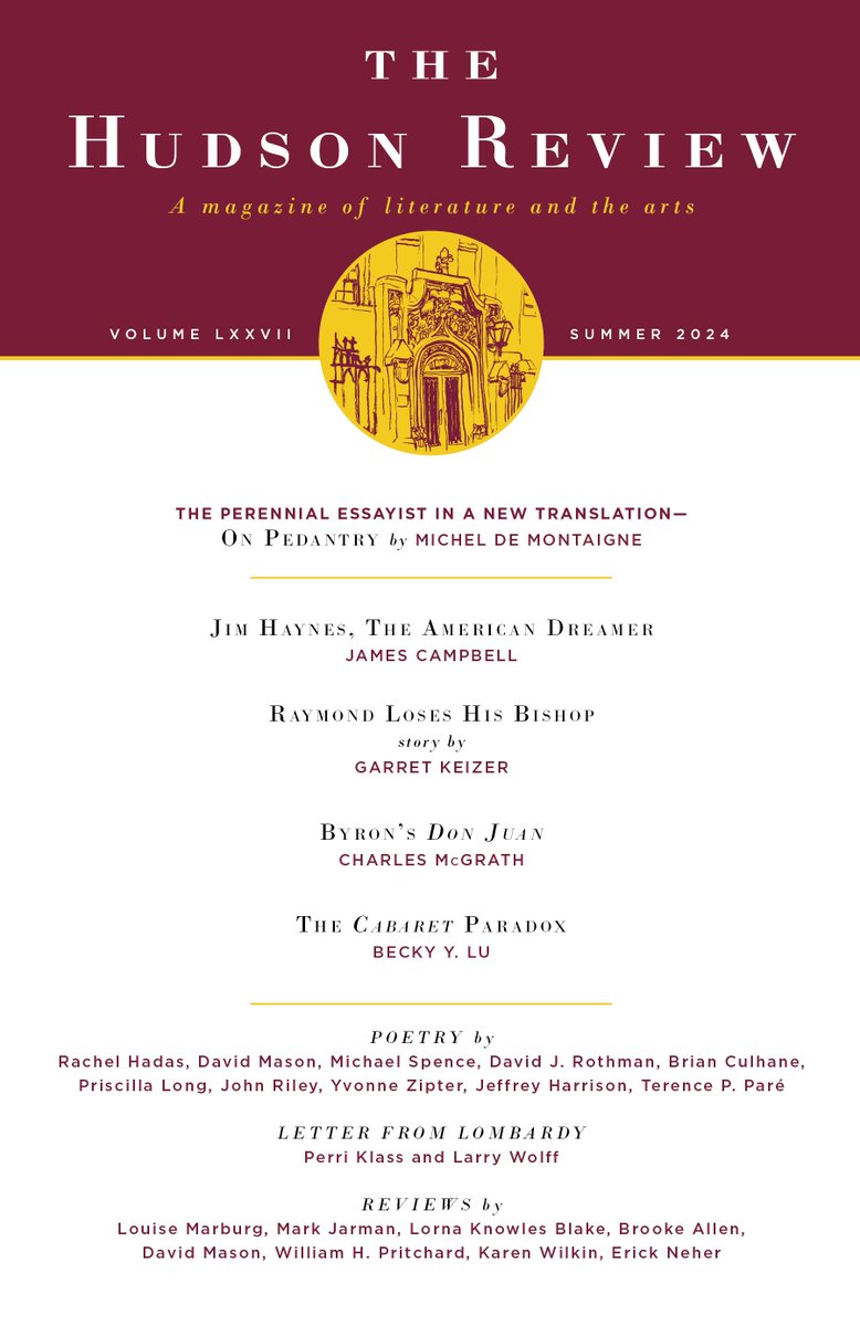 TheHudsonReview's tweet image. Our Summer 2024 issue is online! Featuring (free to nonsubscribers) a Montaigne essay, tr. Tess Lewis, poetry by Rachel Hadas, Priscilla Long, &amp;amp; Brian Culhane, reviews of Poe &amp;amp; Auden bios; &amp;amp; much more! hudsonreview.com

#issueout #summerissue #newissue #montaigne #litmag