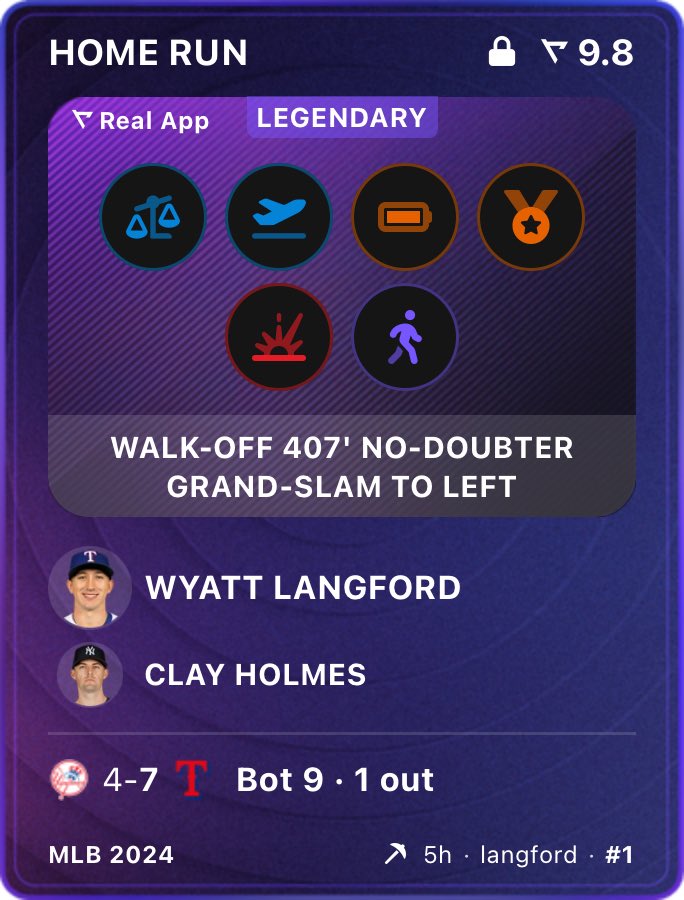 Wyatt Langford’s walk-off grand slam is now in circulation 🚨

This is the highest rated play of the 2024 MLB season (9.8 Real rating). 

Member @/langford pulled serial #1 !