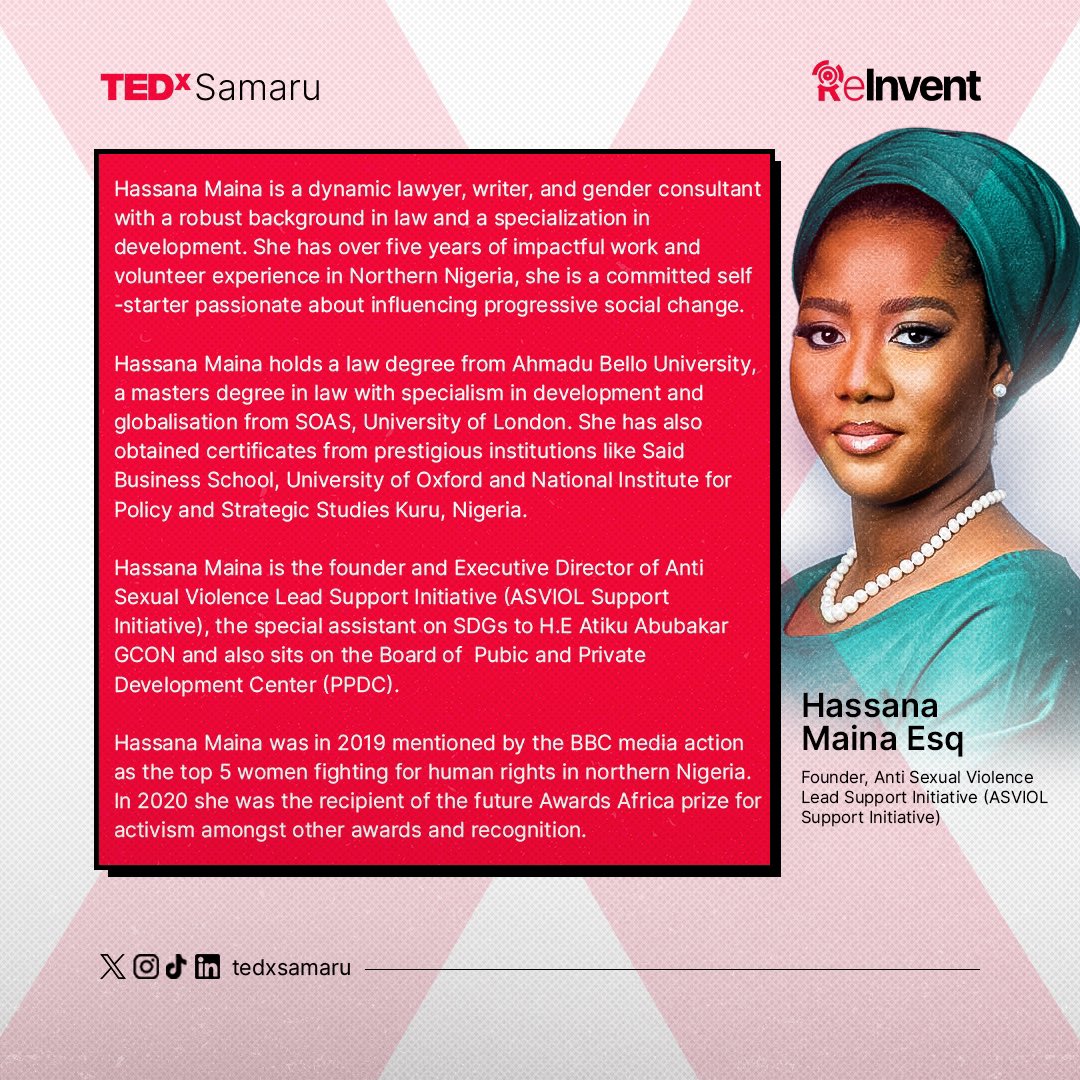 tedxsamaru's tweet image. TEDx Samaru presents Hassana Maina, a passionate advocate for progressive social change, who will challenge our assumptions and inspire us to take action.

#TEDx #TEDxtalks #TEDxSamaru #Abuzaria #REINVENT #September14th