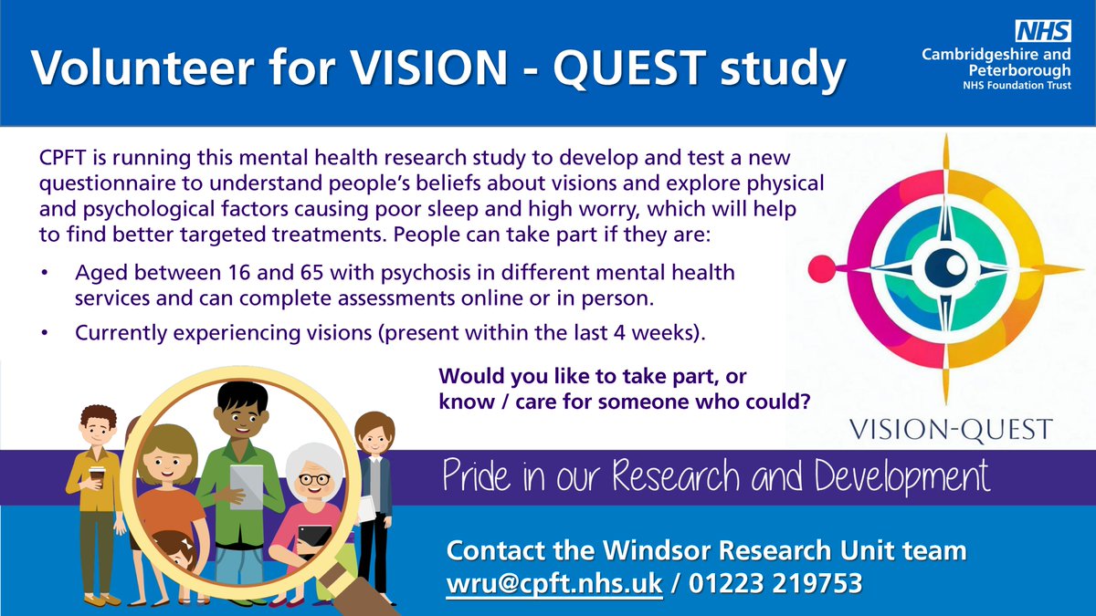 Research at CPFT (@cpft_research) on Twitter photo 📣 The VISION-QUEST #MentalHealth #research study with <a href="/CPFT_NHS/">CPFT</a> <a href="/CNTWNHS/">Cumbria, Northumberland, Tyne and Wear NHS FT</a> is helping people with #psychosis.
People aged 16-65 who are currently experiencing visions & using local MH services may be eligible to take part. Participants get £10 for each assessment pack completed👇 📣 The VISION-QUEST #MentalHealth #research study with <a href="/CPFT_NHS/">CPFT</a> <a href="/CNTWNHS/">Cumbria, Northumberland, Tyne and Wear NHS FT</a> is helping people with #psychosis.
People aged 16-65 who are currently experiencing visions & using local MH services may be eligible to take part. Participants get £10 for each assessment pack completed👇