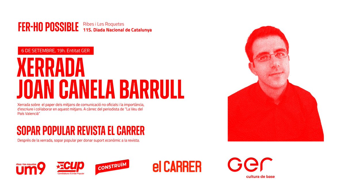 Fem-ho possible✊🏾 6/9/24

Els actes de la Diada de Catalunya aquest any comencen amb una xerrada  del periodista  @joancanelab i un sopar popular de suport al @elcarrerrevista. 

Si t'agrada la revista i vols seguir-la gaudint vine i dona'ns  suport!

#spribes #revista #11S