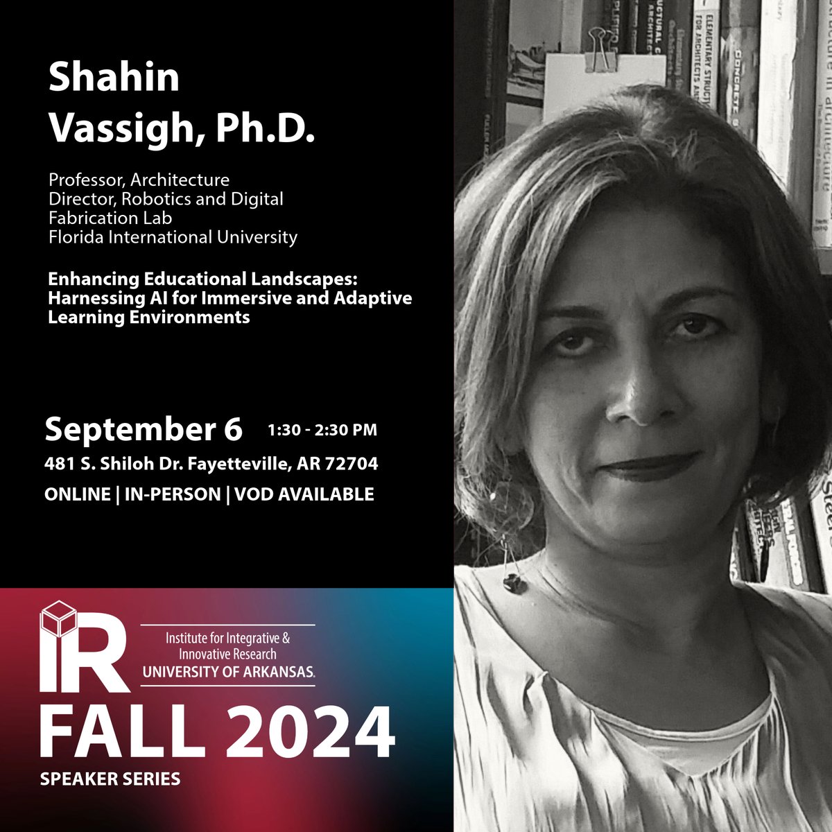 Our fall 2024 speakers series kicks off on September 6th! Join Shahin Vassigh, Ph.D. for her presentation, "Enhancing Educational Landscapes: Harnessing AI for Immersive and Adaptive Learning Environments." Learn more here: bit.ly/4bxYptD 🤖📚 
#SolvingWickedProblems