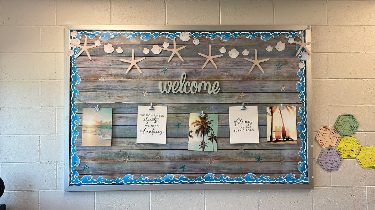 Just set up a beach-themed bulletin board in the classroom! 🏝️🌺🌊Looking forward to seeing how this sunny setup brings a splash of inspiration to our humanities classroom. #ClassroomRevamp <a href="/MrsCollins93/">Kelly Collins</a>