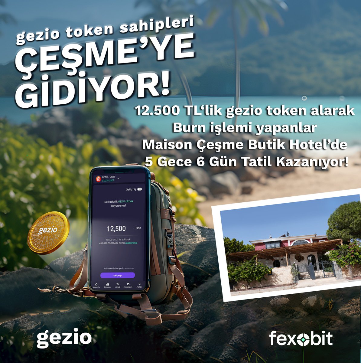 gezioio's tweet photo. gezio token sahipleri Çeşme'ye gidiyor!
12.500 TL‘lik gezio token alarak Burn işlemi yapanlarMaison Çeşme Butik Hotel’de 5 gece 6 gün tatil kazanıyor! 

Those who burn gezio tokens worth 12,500 TL will win a 5-night, 6-day stay at Maison Çeşme Boutique Hotel!
#token @fexobit https://t.co/nhXAwAPzBg