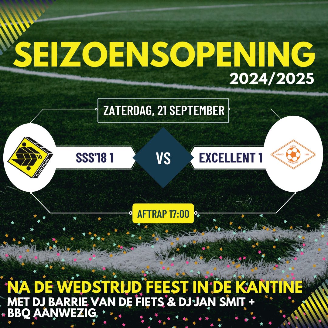 Seizoensopening😃💛🖤⚽️🥳🎶🍻

De eerste competitiewedstrijd van Heren 1 is op zaterdagavond 21 september om 17:00 uur op Sportpark De Raay. Heren 1 neemt het op tegen <a href="/VVExcellent/">VV Excellent</a>. Van harte welkom op ons sportpark in Overloon voor de wedstrijd en de derde helft🥳