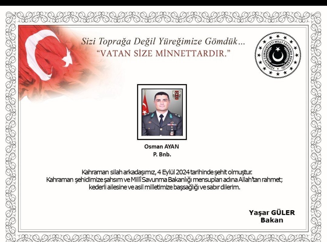 Glsedogan's tweet photo. Kuzey Irak'ta görev sırasında kalp krizi geçiren Piyade Binbaşı Osman Ayan, kurtarılamayarak şehit oldu. 🇹🇷 Rabbim mekanını cennet eylesin 😥 #osmanayan #şehit https://t.co/dq8cHQhZNj