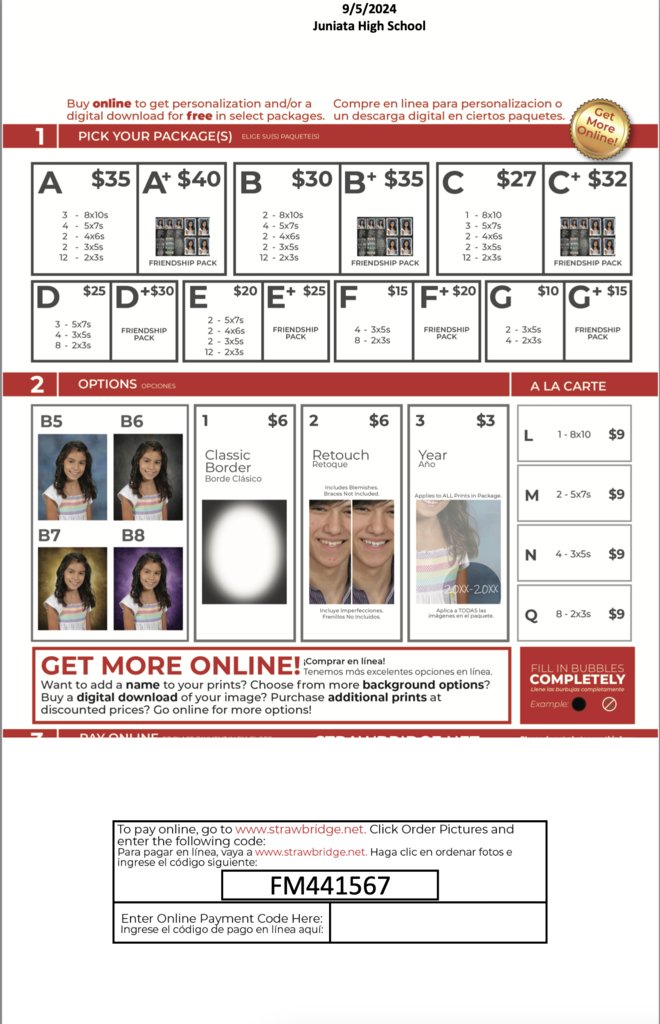 Don't forget that picture day is tomorrow (9/5/24) at Juniata High School!  Make sure you remember to bring your order form and payment with you if you plan to purchase anything!