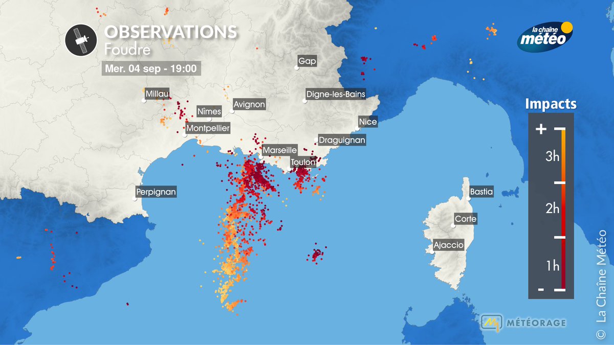 La Chaîne Météo (@lachainemeteo) on Twitter photo ⚡️💦 La situation météo se dégrade sérieusement en Provence avec de fortes pluies orageuses de retour dans la région de #Marseille après un premier épisode orageux ayant donné 50 mm en 1h30 dans l'après-midi. Voici les impacts de foudre observés à 19h par <a href="/Meteorage__/">METEORAGE</a> ⚡️💦 La situation météo se dégrade sérieusement en Provence avec de fortes pluies orageuses de retour dans la région de #Marseille après un premier épisode orageux ayant donné 50 mm en 1h30 dans l'après-midi. Voici les impacts de foudre observés à 19h par <a href="/Meteorage__/">METEORAGE</a>