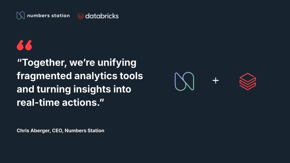 Numbers Station AI (@numbersstnai) on Twitter photo 🎉 Another one in the books! Excited to announce that we are adding <a href="/databricks/">Databricks</a> to our expanding ecosystem of performant integrations.
Making it easier than ever to connect your warehouse to Numbers Station and begin querying.
1/2 🎉 Another one in the books! Excited to announce that we are adding <a href="/databricks/">Databricks</a> to our expanding ecosystem of performant integrations.
Making it easier than ever to connect your warehouse to Numbers Station and begin querying.
1/2