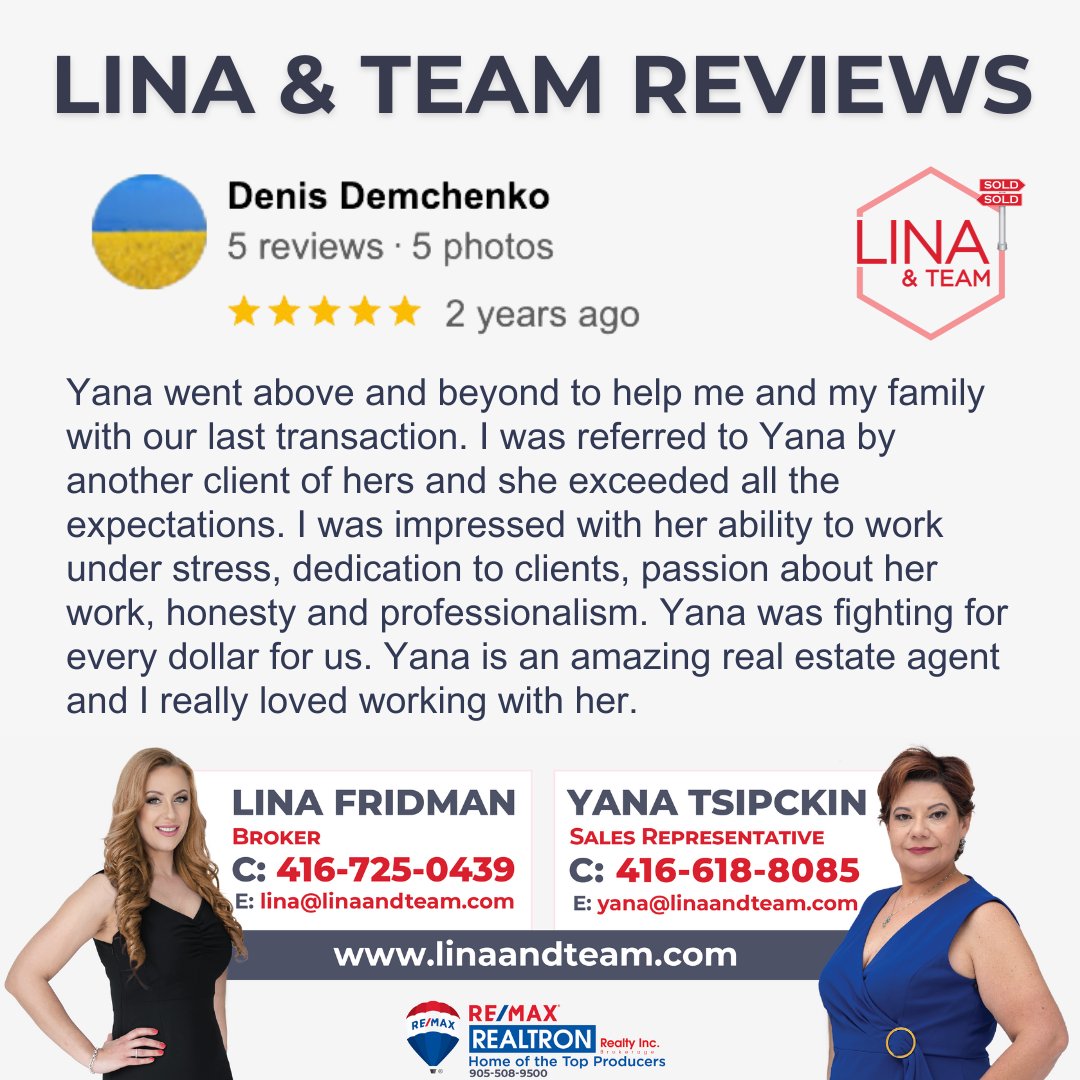 LinaandTeam's tweet photo. Thank you so much for the amazing review!

Ready to achieve your housing goals? Get in touch 📞💬 with our award-winning 🎖🏆🥇 team today!

📱 416-725-0439
✉️ lina@linaandteam.com
🔗 https://t.co/QN78RyCq3x

#LinaandTeam #WeSellRHill #YorkRegion #RealEstate https://t.co/My8MSi01dp