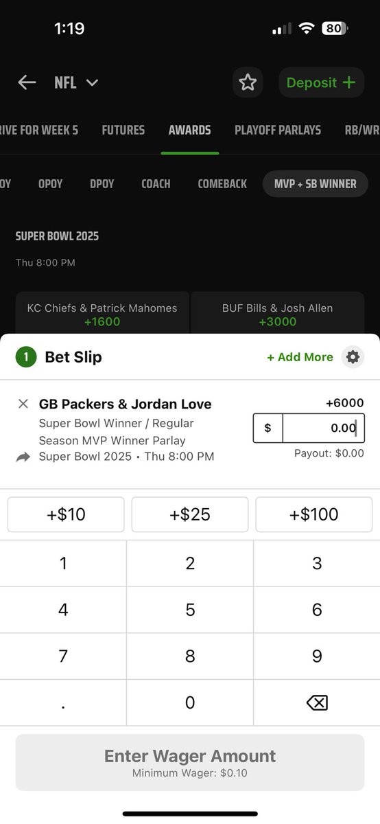 AlexCiocchi's tweet photo. @wheatonbrando @ActionNetworkHQ This is awesome, thanks for this. One note- I noticed on DK that the Packers SB/ Jordan Love MVP bet, mine is saying it’s for the regular season and not the Super Bowl. Just a heads up. I think the article said Super Bowl MVP https://t.co/FznnQJhdLC
