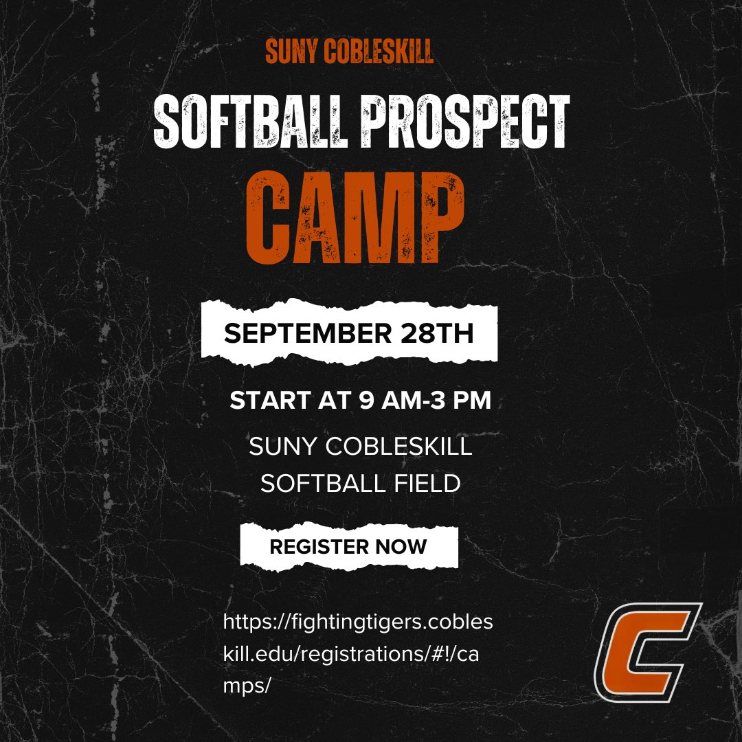 SUNY Cobleskill Softball (@cobleskillsb) on Twitter photo There is still time to sign up for our fall camp. This would be a great opportunity to work with our staff and players! Email Coach Flamholtz at flamhoml@cobleskill.edu for group rates and questions! Link in bio! There is still time to sign up for our fall camp. This would be a great opportunity to work with our staff and players! Email Coach Flamholtz at flamhoml@cobleskill.edu for group rates and questions! Link in bio!