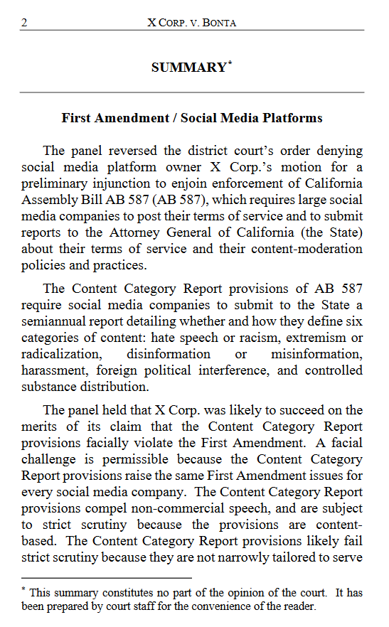 In lawsuit brought by X Corp, the Ninth Circuit rules that California's law requiring large social media companies to submit reports to the AG about their content-moderation policies and practices likely violates the First Amendment: cdn.ca9.uscourts.gov/datastore/opin…