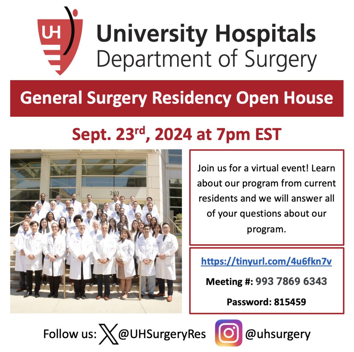 UH Surgery Residents (@uhsurgeryres) on Twitter photo Join us for an open house to meet our residents, learn about our program, and ask questions! We look forward to meeting all the #GensurgMatch2025 applicants! <a href="/TheNRMP/">NRMP®</a> <a href="/Inside_TheMatch/">Inside The Match</a> <a href="/AmCollSurgeons/">American College of Surgeons</a> <a href="/FutureGenSurg/">Future Gen Surg Residents</a> Join us for an open house to meet our residents, learn about our program, and ask questions! We look forward to meeting all the #GensurgMatch2025 applicants! <a href="/TheNRMP/">NRMP®</a> <a href="/Inside_TheMatch/">Inside The Match</a> <a href="/AmCollSurgeons/">American College of Surgeons</a> <a href="/FutureGenSurg/">Future Gen Surg Residents</a>
