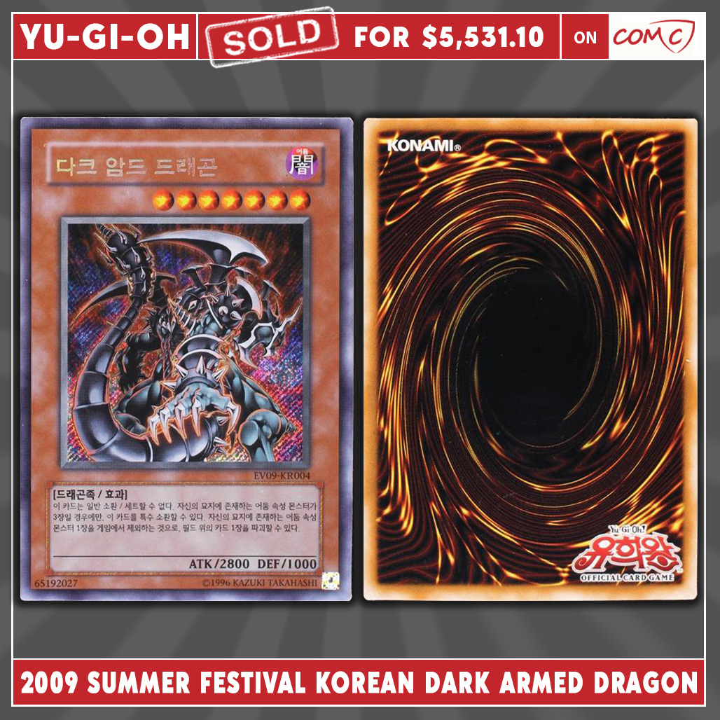 CheckOutMyCards's tweet photo. 💭Update: Check out this 2009 Yu-Gi-Oh! Summer Festival 2009 Promos Korean #EV09-KR004 SCR Dark Armed Dragon which recently sold on the COMC Marketplace for $5,531.10! 💥🐲 💵
Shop for Yu-Gi-Oh! cards on the COMC Marketplace! https://t.co/GUswZlXKre https://t.co/ZdtGXiAeSx