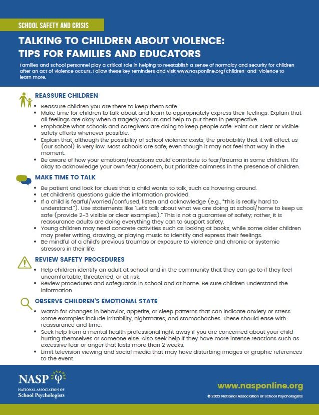 News of violence in schools can confuse and frighten youth, who may feel in danger or worry that their friends or loved ones are at risk. NASP has tips for talking to students about school violence on our website and in a printable Guidance at a Glance: nasponline.org/resources-and-…