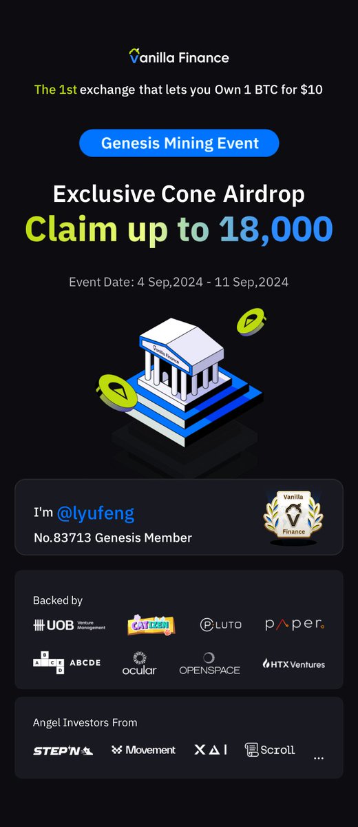 #VanillaFinance is the 1st exchange that lets you own 1 Bitcoin for $10. Genesis mining is live now. Claim up to 18,000 Cone! #Airdrop #Miniapp