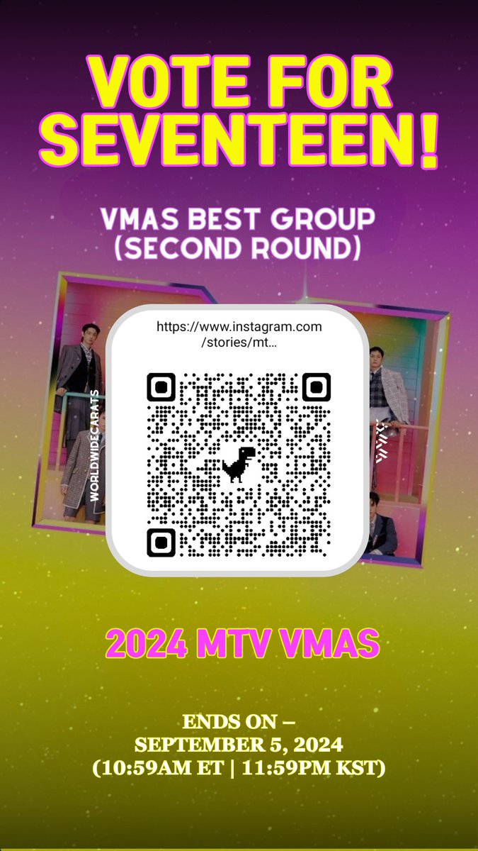 [VOTING] MTV VMAs 2024

🚨 YOUR ONE VOTE IS JUST AS IMPORTANT AS OTHERS' MULTIPLE VOTES! 🚨

CARATS! VOTE FOR SEVENTEEN NOW! 📢

📝 If you have questions, have more IG accounts to lend, or can vote for other Carats, use:
👉🏻 #CaratMatchVMAs

#VoteSEVENTEEN_onVMAs #SEVENTEEN