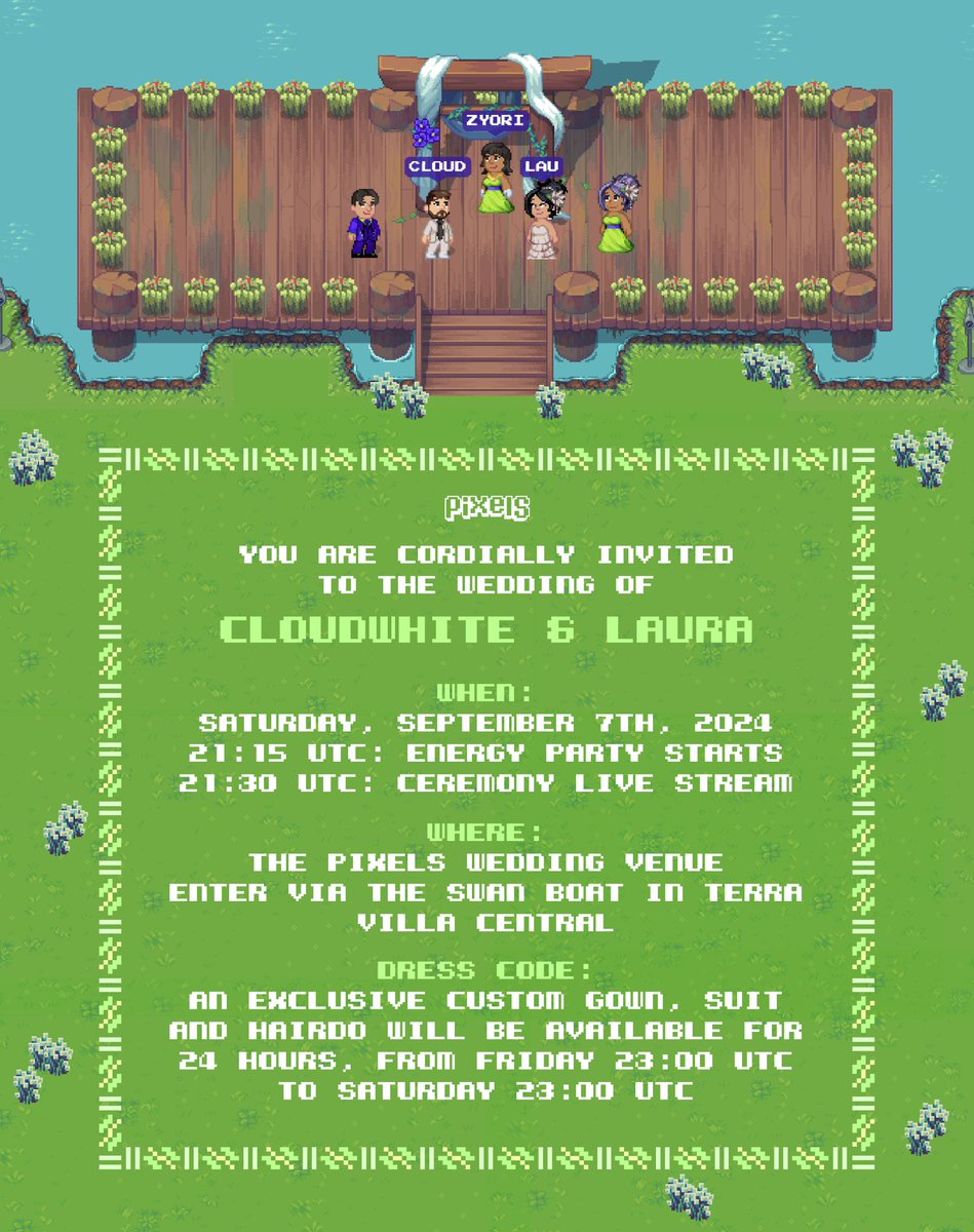 Pixels (@pixels_online) on Twitter photo You are cordially invited to the wedding of <a href="/cloudwhiteNFT/">cloudwhite โ๏ธ</a> and <a href="/axielau/">Laura.Ron | KIND |</a> ๐ You are cordially invited to the wedding of <a href="/cloudwhiteNFT/">cloudwhite โ๏ธ</a> and <a href="/axielau/">Laura.Ron | KIND |</a> ๐