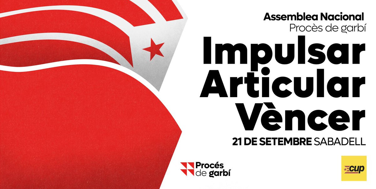 ↗️IMPULSAR | ARTICULAR | VÈNCER

Aquest 21 de setembre ens trobarem a #Sabadell per celebrar l'Assemblea Nacional  de la CUP amb el que culminarà el #ProcésdeGarbí

Inscriu-t'hi fins al dia 12 ✊