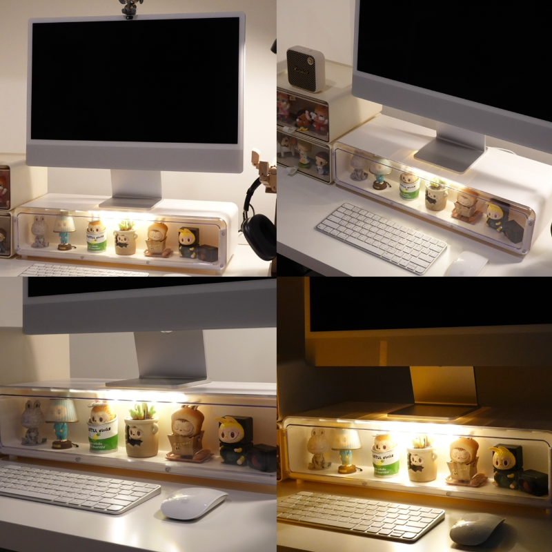 PPIMMYY's tweet photo. ตั้งแต่มีชั้นวางคอมที่ใส่ Art toy ได้ ความฟินในการทำงานเพิ่มขึ้นเยอะมาก ว่างๆก็จัดระเบียบ Art toy ความสุขทางใจมาก ด้านในลิ้นชักใส่ของได้น้า ของเราเป็นแบบเปิดปิดไฟได้ด้วย🫶🏻