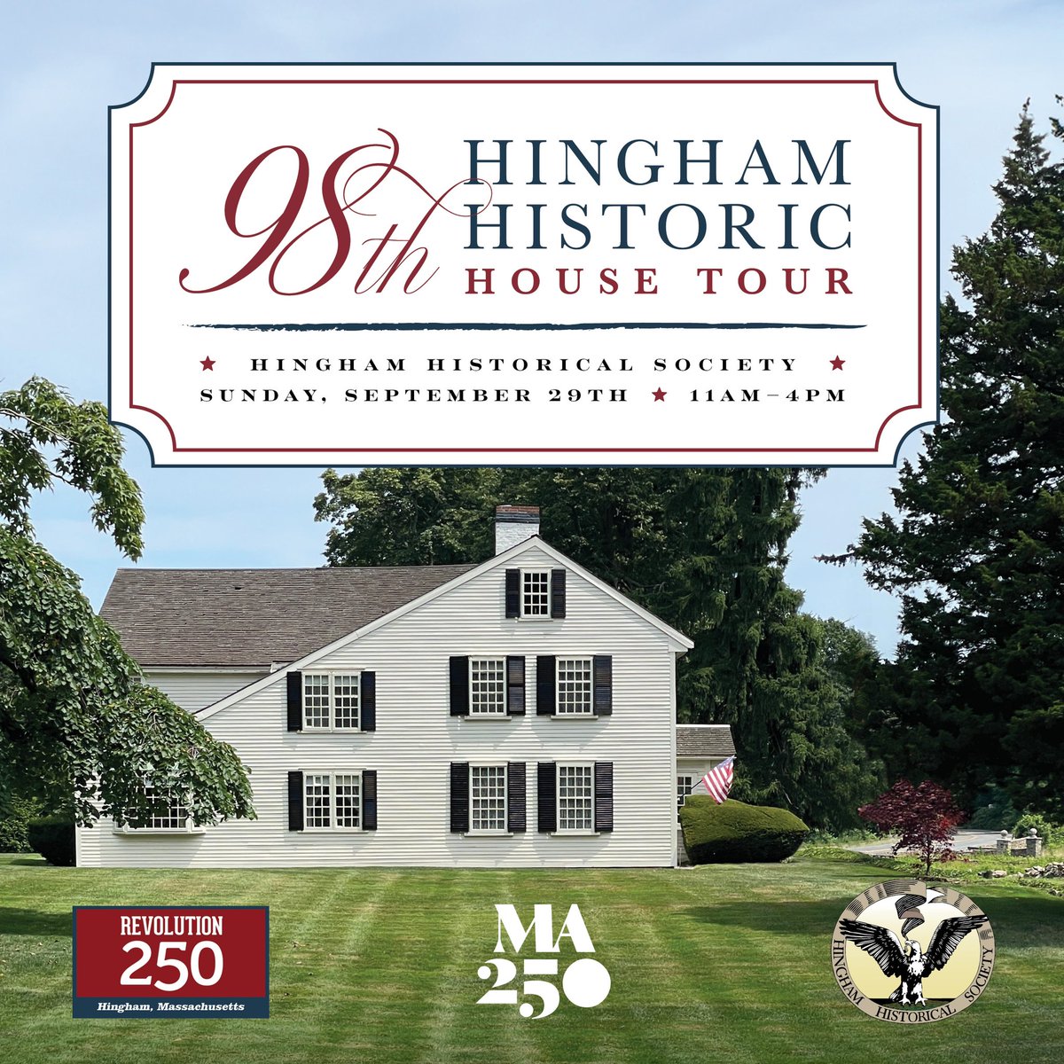 Tickets are on sale for the Hingham Historic House Tour on Sunday, September 29th from 11am-4pm.  This years tour will focus on six stunning homes that once belonged to American Revolutionary War Patriots and well five iconic Hingham properties. hinghamhistorical.org