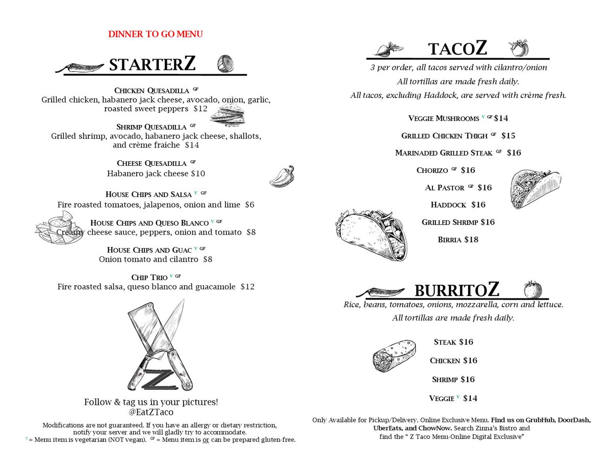 ZinnasBistro's tweet image. Z Taco menus available NOW at Zinna's 609-860-9600

#Mexicanfood #Tacos #Burritos