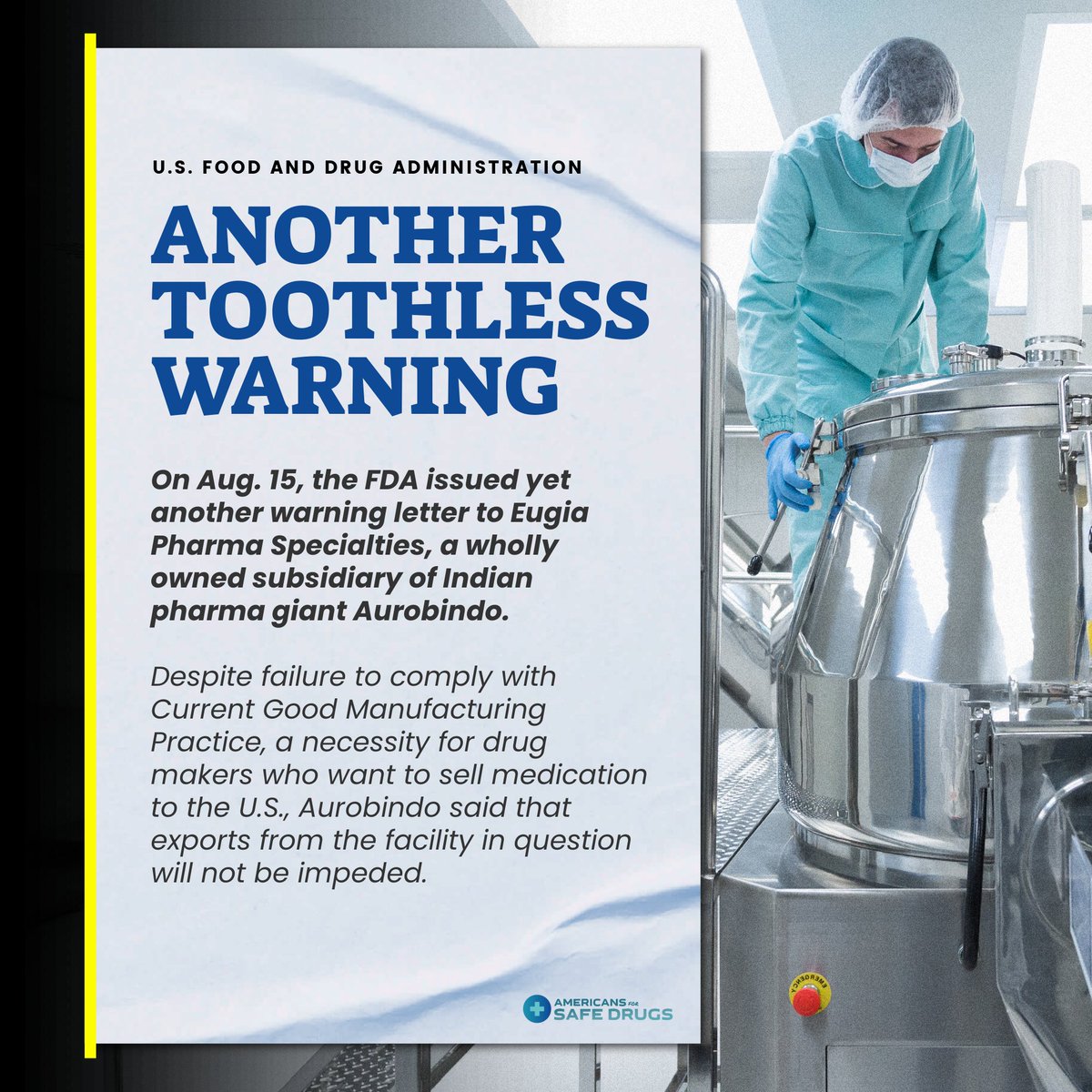 New <a href="/US_FDA/">U.S. FDA</a> Warning Letter to Aurobindo's Eugia Pharma underscores a disturbing pattern of malfeasance by the Indian drugmaker.

Aurobindo's violations of good manufacturing practices make America's medicine less safe &amp; put patients at considerable risk.

tinyurl.com/48e9d6b